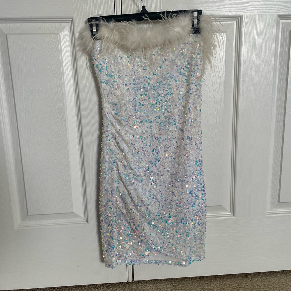 Windsor Strapless White Sequin Dress with Feather Detail